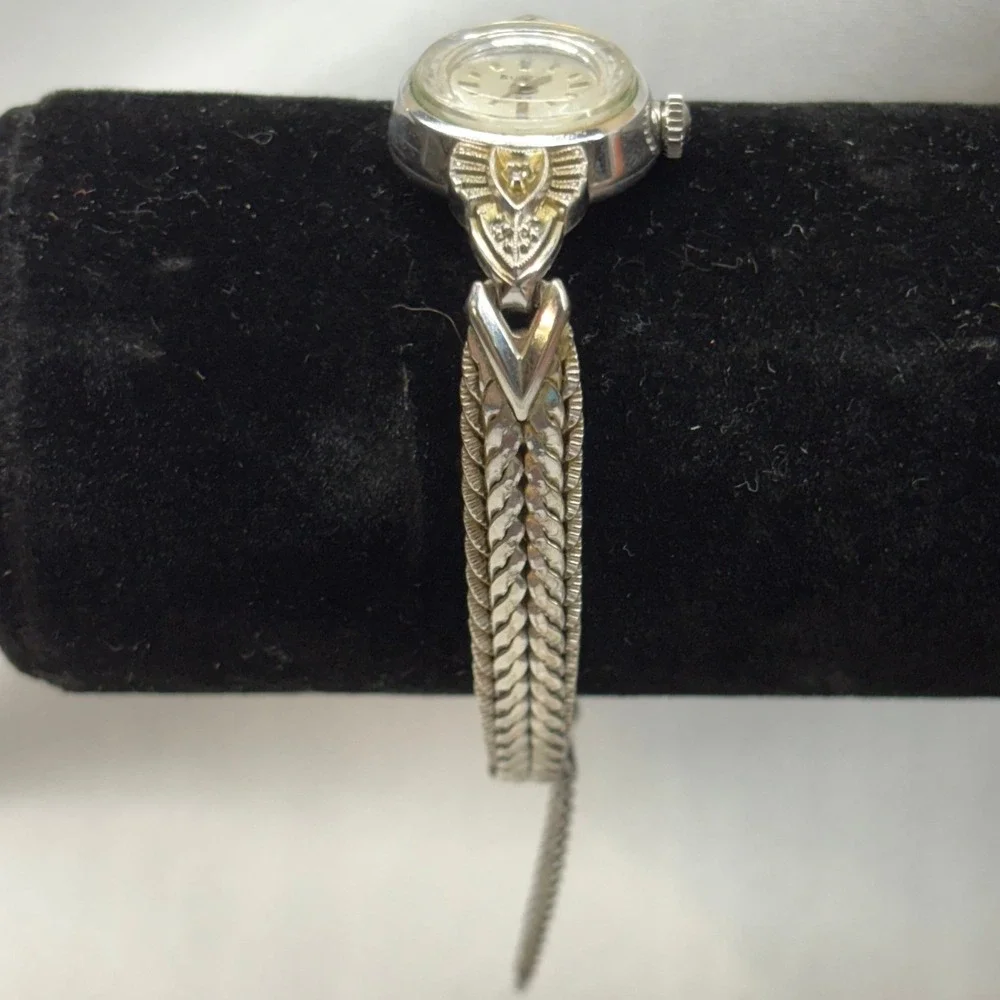 Bulova Wristwatch Womens 5.5 Silver Good 1960s 10k RGP Diamond Cocktail 23 Jwl